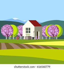 Spring rural landscape. Vector illustration. Garden and orchard. House, garden, trees.