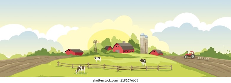 Spring rural landscape. Watercolor illustration, tractor plows a field, cows graze in the meadows.	