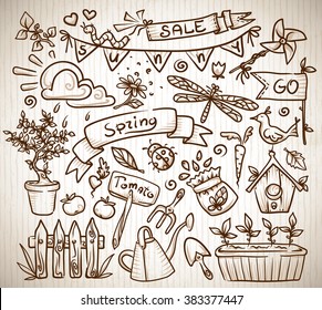 Spring rustic gardening items set. Organic eco products produce. Vector hand drawn illustration