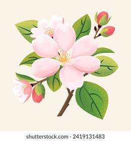 Spring sakura, apple blooming flowers bouquet. Isolated realistic pink petals, blossom, branches, leaves vector set. apple tree,plum blossoming elements. Design spring tree illustration