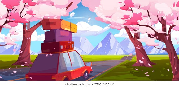 Ilustración de la floración sakura de primavera y del paisaje vectorial de vista de montaña. Vista lateral del auto en la carretera en el bosque de cerezos japoneses. Cielo con nubes en Malasia. Familia conduciendo un callejón en picnic.