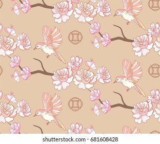 Spring sakura blossom seamless pattern Japanese and Chinese style.