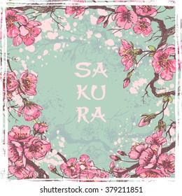 Spring sakura card . Cropped with Clipping Mask. Canceling Clipping Mask ( in Ai: Object - Clipping Mask - Cancel ) you can easily change the position of elements.