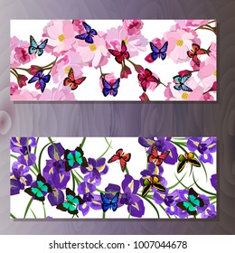 Spring sakura cherry blooming flowers, pink petals and branches vector set. Cherry or sakura and iris flowersbanners on wooden background
