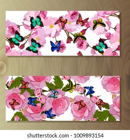 Spring sakura cherry blooming flowers, pink petals and branches vector set. Cherry or sakura and rose banners on wooden background