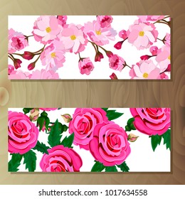 Spring sakura cherry blooming flowers, pink petals and branches vector set. Cherry or sakura and rose banners on wooden background