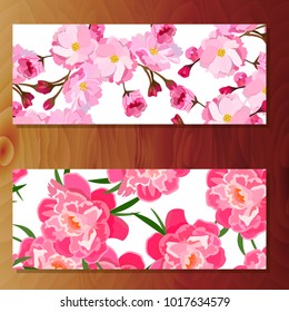 Spring sakura cherry blooming flowers, pink petals and branches vector set. Cherry or sakura and peony flower banners on wooden background