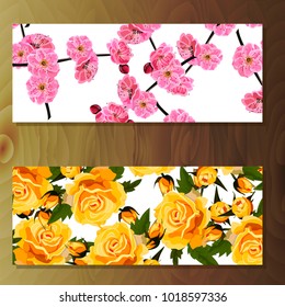 Spring sakura cherry blooming flowers, pink petals and branches vector set. Cherry or sakura and rose banners on wooden background
