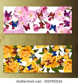 Spring sakura cherry blooming flowers, pink petals and branches vector set. Cherry or sakura and rose banners on wooden background
