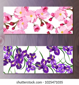 Spring sakura cherry blooming flowers, pink petals and branches vector set. Cherry or sakura and iris flowers banners on wooden background