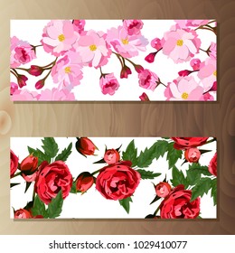 Spring sakura cherry blooming flowers, pink petals and branches vector set. Cherry or sakura and rose banners on wooden background