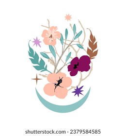 Spring sakura cherry blooming flowers bouquet. Isolated pink petals, blossom, branches, leaves vector. Design boho tree illustration