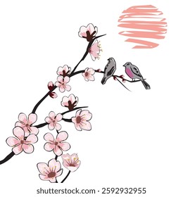 Spring Sakura cherry blooming flowers branch element