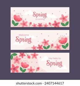 Spring Sakura Cherry Blossoms Horizontal Banner Template Set