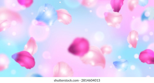 Spring sakura flower blossoms frame design with soft blue gradient sky background, blurred pink cherry petals flying in air and bokeh effect. Realistic vector banner, dreamy floral pattern