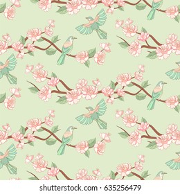 Spring sakura flowers and flying birds seamless pattern Japanese or Chinese style with blossom branch.