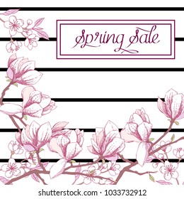  Spring Sakura and Magnolia Background. Hand drawn flowers. Vector illustration