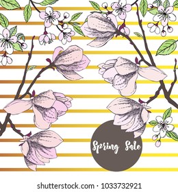  Spring Sakura and Magnolia Background. Hand drawn flowers. Vector illustration