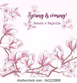  Spring Sakura and Magnolia Background. Hand drawn flowers. Vector illustration
