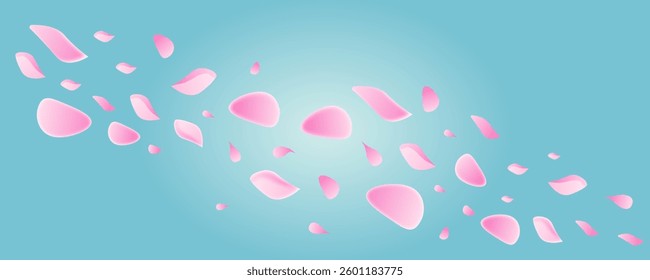 Spring sakura petals flying background. Cherry blossom botanical vector illustration on blue backdrop. Cute pastel design