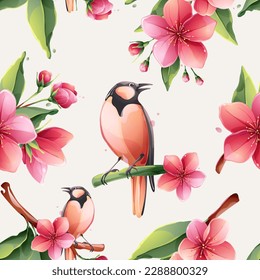 Spring sakura seamless pattern with blooming flowers, pink cherry blossom, branches and cute birds. Vector realistic watercolor style. Perfect for wedding invitations, greeting cards, oriental banners