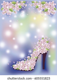 Spring sakura shoes greeting card, vector illustration