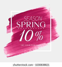 Spring Sale 10% off sign over watercolor art brush stroke paint abstract background vector illustration. Perfect acrylic design for a shop and sale banners.