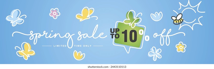 Spring Sale up to 10% percent off speech bubble handwritten typography lettering line design colorful flowers butterflies bee and sun blue greeting card