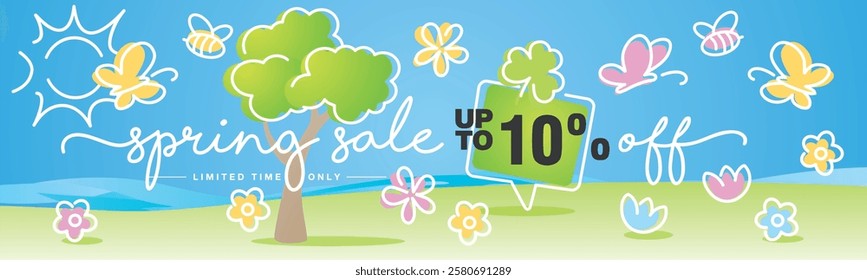 Spring Sale up to 10 percent off. Handwritten typography. Line design with colorful spring elements on the beach with green grass background