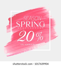 Spring Sale 20% off sign over watercolor art brush stroke paint abstract background vector illustration. Perfect acrylic design for a shop and sale banners.