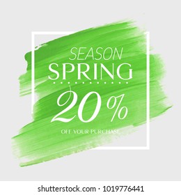 Spring Sale 20% off sign over watercolor art brush stroke paint abstract background vector illustration. Perfect acrylic design for a shop and sale banners.