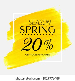 Spring Sale 20% off sign over watercolor art brush stroke paint abstract background vector illustration. Perfect acrylic design for a shop and sale banners.