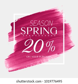 Spring Sale 20% off sign over watercolor art brush stroke paint abstract background vector illustration. Perfect acrylic design for a shop and sale banners.