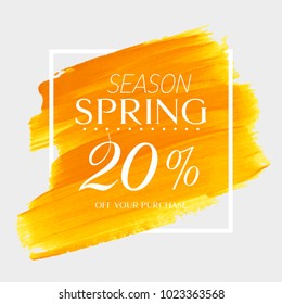 Spring Sale 20% off sign over watercolor art brush stroke paint abstract background vector illustration. Perfect acrylic design for a shop and sale banners.