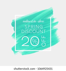Spring Sale 20% off sign over watercolor art brush stroke paint abstract background vector illustration. Perfect acrylic design for a shop and sale banners.