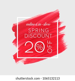 Spring Sale 20% off sign over watercolor art brush stroke paint abstract background vector illustration. Perfect acrylic design for a shop and sale banners.