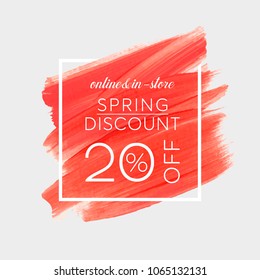 Spring Sale 20% off sign over watercolor art brush stroke paint abstract background vector illustration. Perfect acrylic design for a shop and sale banners.