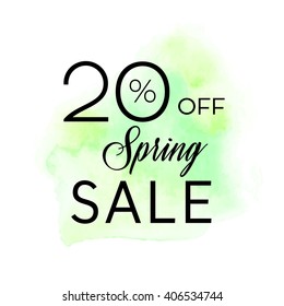 Spring sale 20% off sign over original grunge art brush paint texture background watercolor stroke vector illustration. Perfect watercolor design for shop banners or cards.