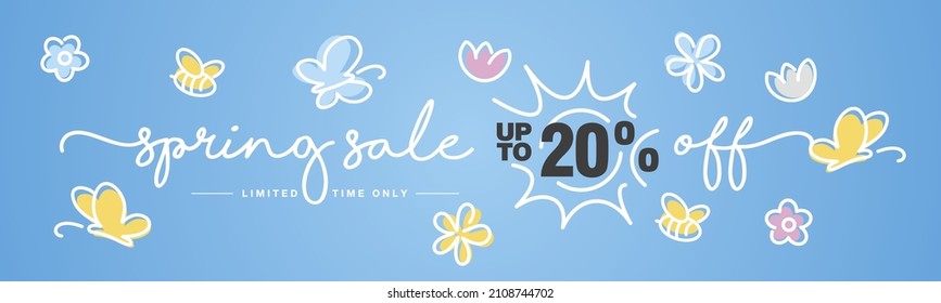 Spring Sale up to 20 percent off handwritten typography lettering line design colorful flowers bees butterflies tulips blue greeting card