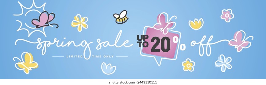 Spring Sale up to 20% percent off speech bubble handwritten typography lettering line design colorful flowers butterflies bee and sun blue greeting card