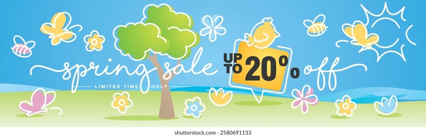 Spring Sale up to 20 percent off. Handwritten typography. Line design with colorful spring elements on the beach with green grass background