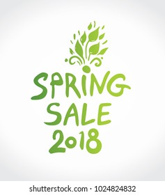 Spring Sale 2018 hand drawn inscription with a foliage. Vector green handwriting template.