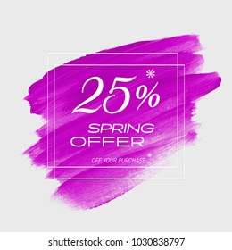 Spring Sale 25% off sign over watercolor art brush stroke paint abstract background vector illustration. Perfect acrylic design for a shop and sale banners.
