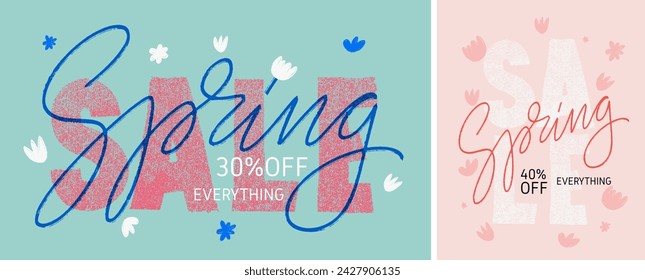 Spring sale. Up to 30%, 40% off Spring Sale handwritten typography. Spring Sale Banner Template. Banner design. Flat vector illustration on white background. Spring pink and green background.