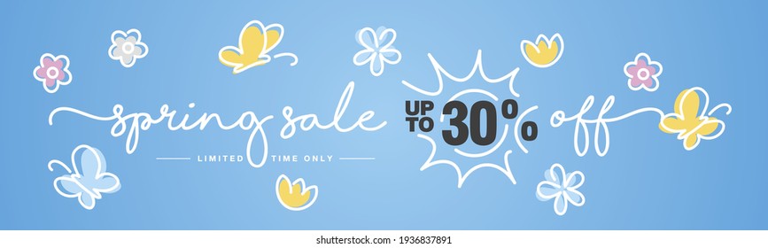 Spring Sale up to 30 % off handwritten typography lettering line design colorful flowers butterflies tulips blue greeting card