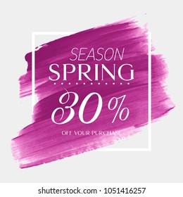 Spring Sale 30% off sign over watercolor art brush stroke paint abstract background vector illustration. Perfect acrylic design for a shop and sale banners.