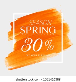 Spring Sale 30% off sign over watercolor art brush stroke paint abstract background vector illustration. Perfect acrylic design for a shop and sale banners.