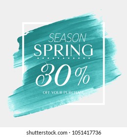 Spring Sale 30% off sign over watercolor art brush stroke paint abstract background vector illustration. Perfect acrylic design for a shop and sale banners.