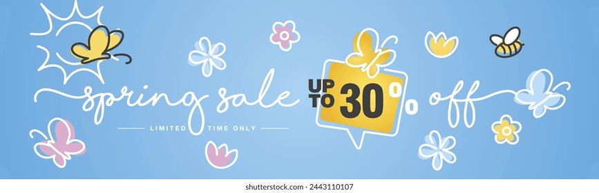 Spring Sale up to 30% percent off speech bubble handwritten typography lettering line design colorful flowers butterflies bee and sun blue greeting card