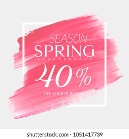 Spring Sale 40% off sign over watercolor art brush stroke paint abstract background vector illustration. Perfect acrylic design for a shop and sale banners.